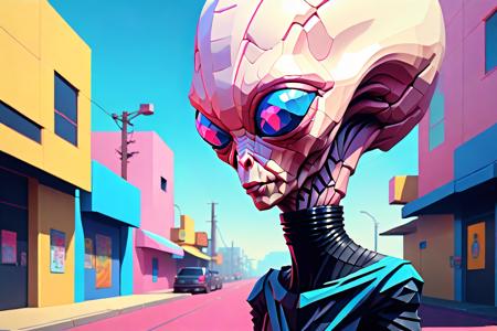 skinny_bob, pixellated alien standing, in the style of richly detailed genre paintings, voxel art, street scenes with vibrant colors, animated gifs, realistic hyper-detailed portraits, pink and azure, cubist-inspired portraits