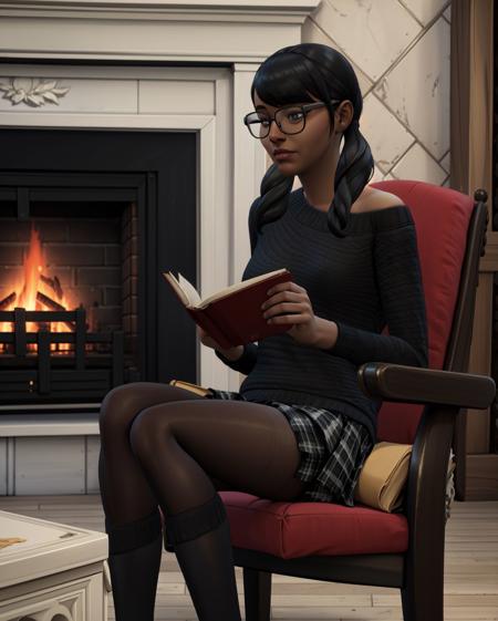 (masterpiece, best quality, high resolution:1.3), (she settled in to her easy chair next to the fireplace with her favorite book.:1.4)
<lora:c455gTS4-10:0.8> c455gts4, black twintails, black-framed glasses, tan skin, sweater, plaid skirt, sheer tights, socks, loafers, legs together, reading book