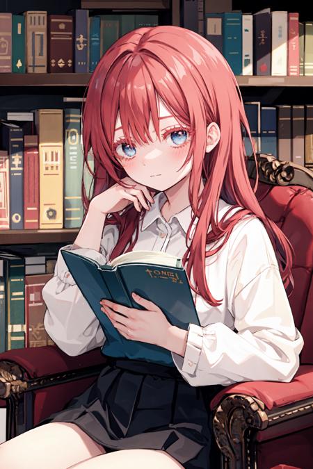 upper body, 
1girl, red hair, (colored eyelashes, red eyelashes:1.2), sleepy, faint smile, (smile:0.8), closed mouth, head down, sitting on armchair, looking at viewer, hand on own knee, book on knee, blue  eyes, 
indoor, bookshelf, 
 <lora:colored_eyelashes000:1>,  