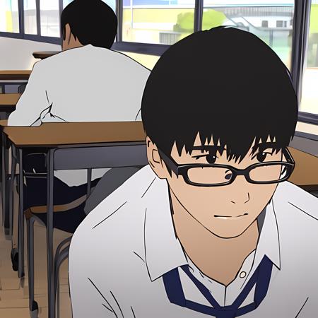 (high quality), closeup, 1boy, classroom, glasses, afternoon, <lora:Sawaato_Art_Style:0.7>