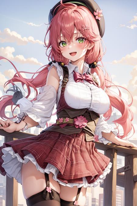 1girl, solo, best quality, sakura miko, white shirt, hat, black thighhighs, garter straps, plaid skirt, pink hair, green eyes, ahoge, low twintail, large breasts, sleeveless, hair ornament, dynamic pose, outdoors, city background, black vest, smile, open mouth, <lora:Sakura_miko_v1.0:0.6>