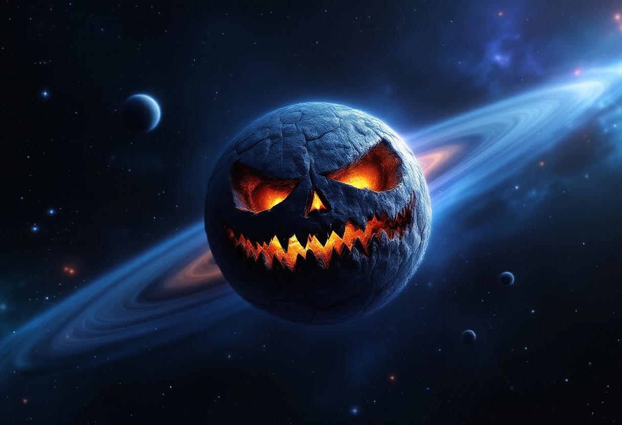 space photograph of jack o'lantern as a rocky planet in orbit around earth, detailed photograph, nebula, stars,