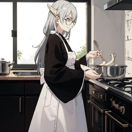 snake yakushi kubato, 1girl,long black robes, long sliver hair, slitted pupils, round glasses, slim waist,(((girl))), girl,  white skin,smiling,  indoors, cabinets, shelves,kitchen, cooking, making dinner,  ((long hair)), long robes, sandels, ((white apron)), orphanage background, upper body portrait, black sleeves, stove, side profile