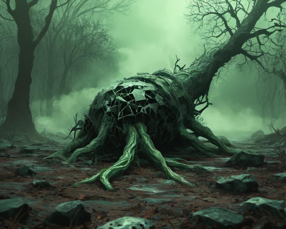 (Realistic photograph:1.2). Surrealism. Sphere. Milky mist. Turbulent fog. Dead woods. Died branches. Intricate roots. Grayscale with green-violet selective color effect. green-violet detailing. Cracks and pilling plasters. Mystical background with dense fog. Loneliness. Desolate. Dystopian. Wet rocks. Sharp-edged solid structures. (Voronoi patterns:1.15). (Pentagonal voxels:1.112). (Voxelized ground:1.075). (Voronoi patterned cracks, white-green-violet veins:1.3).
BREAK (photorealism. analog film grain.:1.225) (score_9, score_8_up, source_photo, content_realistic, source_realistic:1.3).