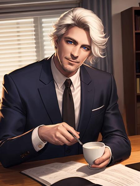 masterpiece,best quality,highres,cinematic lighting,dramatic angle,<lora:ShadowverseVincentV4-000021:0.8>  ,1man,formal,suit,tie,white hair,collar,white shirt,black jacket,(beard:0.68),looking at viewer,smile,holding steamy coffe,blue eyes,dynatic angle,depth of field,at office