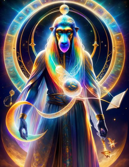 hyper detailed masterpiece, dynamic, awesome quality,DonMSp3ctr4l,vibrant spectral,thoth, god of writing, knowledge, magic, depicted as a man with the head of an baboon, keeper of divine knowledge, associated with the moon and reckoning of time, revered as a wise counselor and magician, guardian of sacred texts
  <lora:DonMSp3ctr4l-000008:0.8>