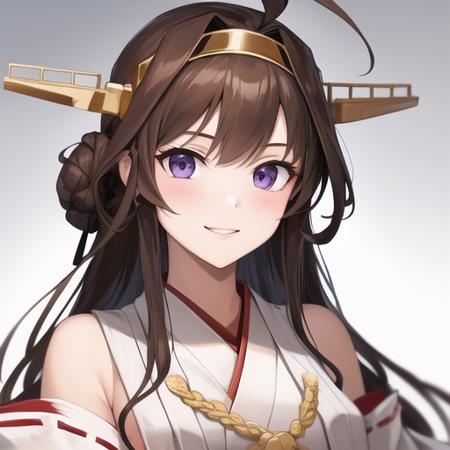 (masterpiece, best quality:1.2),illustration,8k,hd,1girl,solo,upper body,(portrait:1.2),brown_hair,long_hair,ahoge,hairband,hair_bun,double_bun,headgear,smile,nontraditional_miko,purple_eyes,detached_sleeves,japanese_clothes,ribbon-trimmed_sleeves,ribbon_trim,<lora:Kongou(kan)>,