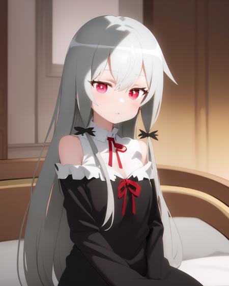 <lora:Tonari:0.9>
1girl, solo, long grey hair, sidelocks, hair between eyes, hair ornaments, black dress, neck ribbon