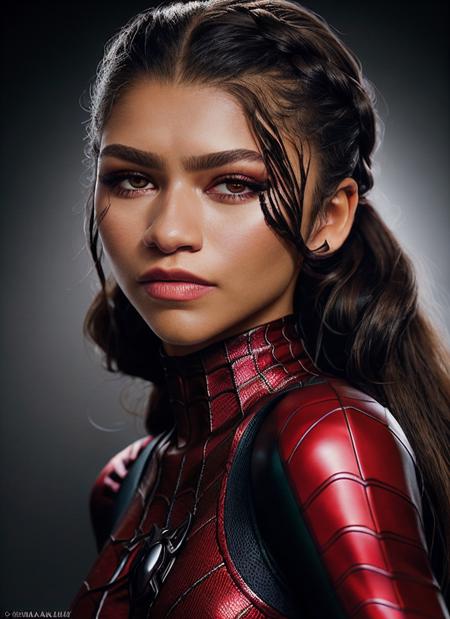 portrait of skswoman, :o , wearing luxury fashion spiderwoman cosplay , with dark brown Side braid epic (photo, studio lighting, hard light, sony a7, 50 mm, matte skin, pores, colors, hyperdetailed, hyperrealistic), <lyco:Zendaya:1.2>