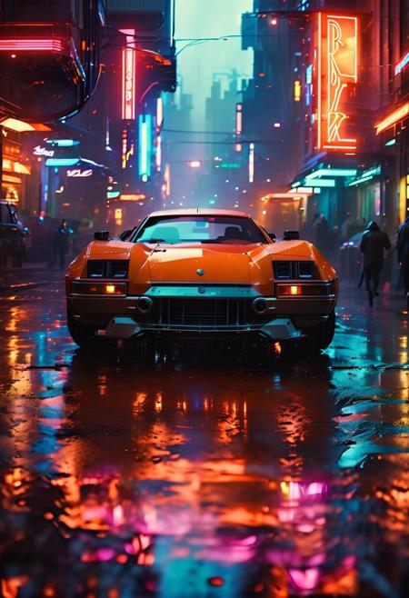 (ultra high res:1.4), (masterpiece), (beautiful lighting:1.4) ,ultra-detailed cyberpunk street scene, (neon reflections on wet pavement:1.3), holographic advertisements, floating vehicles, dense urban architecture, inspired by Blade Runner and Ghost in the Shell, art by John Harris and Syd Mead, volumetric lighting, night setting, steam rising, realistic crowd simulation, cinematic composition, lightning,  depth, GhostlyStyle