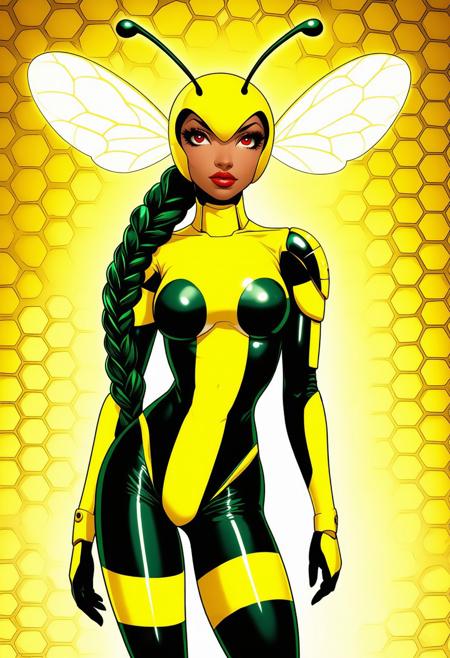 bee suit,,,striped, thigh boots, braid,, , FULL BODY, lipstick,  , armor, ,leotard,  large breasts, honeycomb background, red eyes,  thighhighs,  navel,, hand on hip,  thigh boots, insect wings, ,BODYSUIT,  red eyes, single braid, green eyes, , , pantyhose, , armor