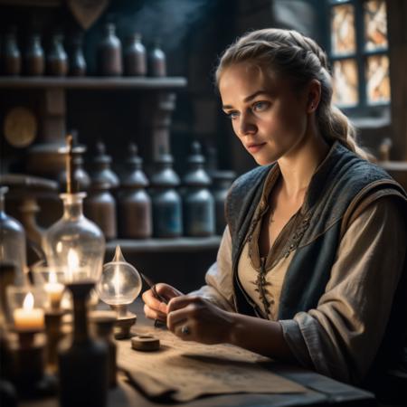 highly detailed analog photo of lab assistant working in a medieval laboratory,

solo, 1girl, cleavage, short hair, blonde hair, vest, stud earrings, tattoo, wavy hair, lips, freckles, dirty, ((blue eyes)), bowl, cape, cross, food, quill, small breasts,  (realistic:1.3), (medieval laboratory:1.1), (professional lighting:1.2)

masterpiece, best quality, 8k,
motion blur, intricate details, depth of field,

(analogue photography:1.1),
(shadow play:1.4),



