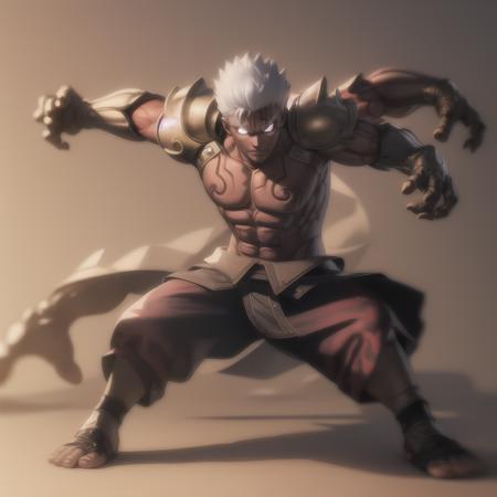 ((masterpiece, best quality)),(complex light),solo,solo focus,1boy,asura, <lora:AsuraWrath1-10:0.6>,white hair, glowing eyes, extra arms, simple background, fighting stance,