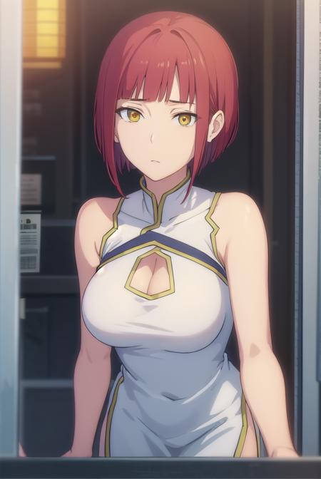 zakuro kurumaki, short hair, bangs, (yellow eyes:1.3), red hair, bob cut, dress, cleavage, sleeveless, clothing cutout, sleeveless dress, chinese clothes, cleavage cutout, china dress, side slit,