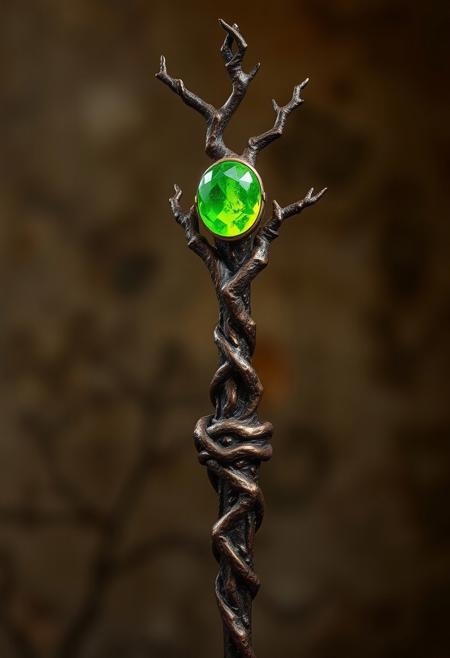 A Highly Detailed Ancient Branch shaped Scepter With A Lime green Gem embedded in it