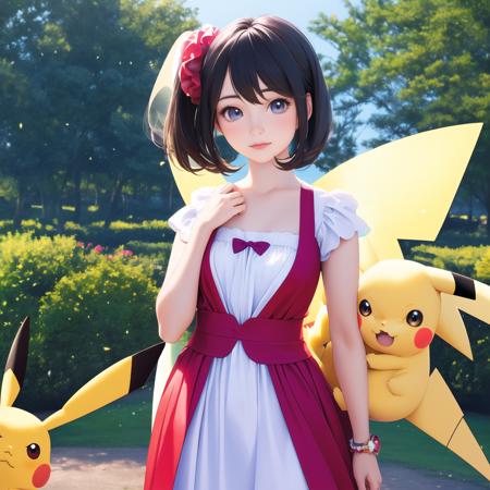 (Masterpiece, Best picture quality, realistic), girl, Pokemon Costume :1.5, (throw | fairy ball), Pikachu, Park, Dreamy atmosphere :1.1