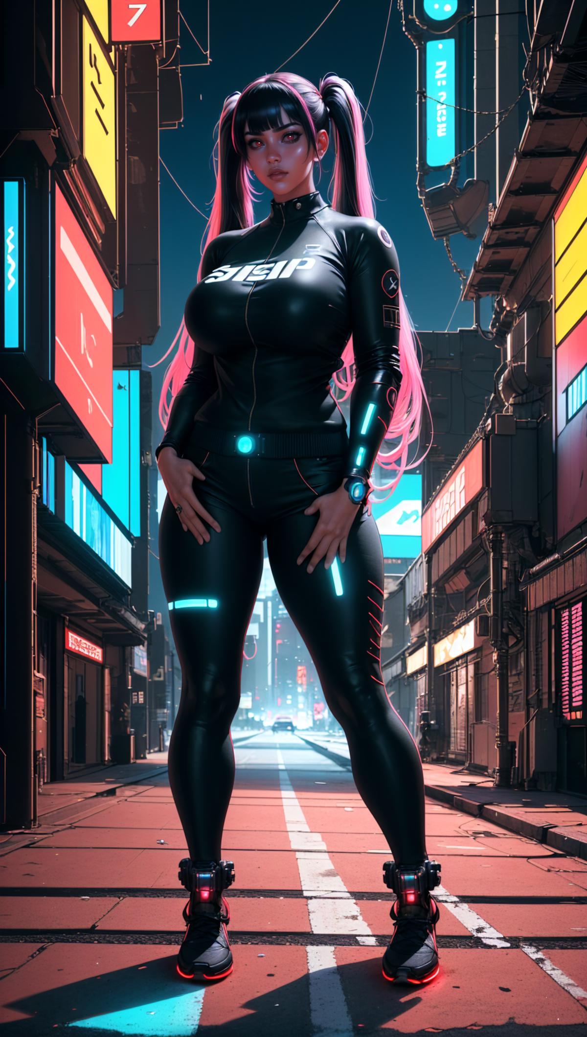 A woman in a black suit standing on a city street.