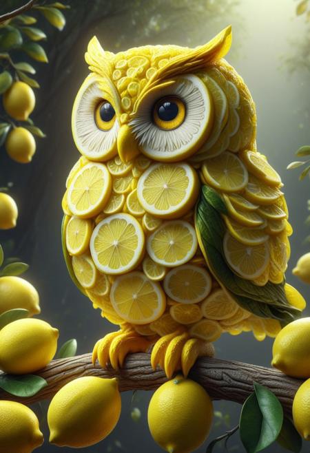 wl_lemons, masterpiece, High Details, HD, 8K, Photorealistic, perfect, High Quality, owl Made of lemons, on tree, (dynamic pose:1.2), (dynamic angle:1.3)