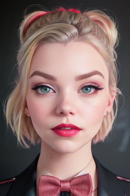 photo of a woman, anyatj-2025:0.99,((short hair):1.2) ((bowtie, shirt)), ((blonde hair, ponytail)), ((closeup, portrait):1.2),((chalkboard, classroom):1.1), ((red lipstick,heavy eyeliner, heavy eye shadow, blush):1.2), ((best quality, masterpiece, extreme details, high resolution):1.2),((detailed eyes, beautiful eyes, detailed face, beautiful face):1.2)