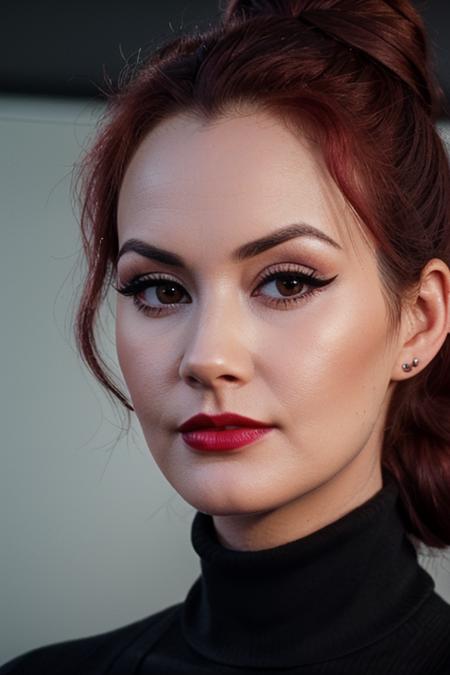 photo of sydneywatson:0.99, ((dark red hair, hair up, hair in bun)), a woman, ((turtleneck sweater)), ((closeup, portrait)), ((conference room)),((red lipstick,eyeliner, eye shadow, blush)), ((best quality, masterpiece, extreme details, high resolution):1.2),((detailed eyes, beautiful eyes, detailed face, beautiful face):1.2)