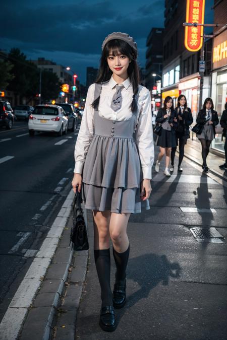 best quality, quality, masterpiece, photorealistic, 1girl, solo, long black hair, straight hair, blunt bangs, looking at viewer, smile, cyb dress, cyb shirt, cyb skirt, necktie, suspender skirt, suspenders, hat, kneehighs, shoes, street, shop, sidewalk, city, night, neon light, crowd, colorful, <lora:dating_attire_style4_v1:0.65>