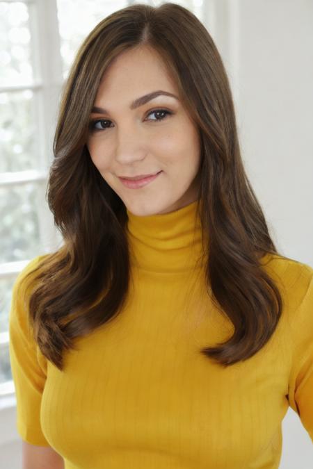 Photo of h0llym1ch43l5 woman, detailed face, yellow turtleneck blouse, slight smile