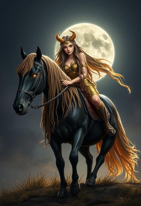 Latina girl, semi pointy ears, golden hair, gold eyes, golden eyes, golden curled horns pointing down, golden horns, dreadlocks, lots of hair, golden dreadlocks, full moon in background, moon shining light on girl, dark background, girl and horse on top of a hill, 1 horse, horse on back 2 Leah’s front legs in the air
BREAK, 
Dramatic lighting, girl riding black horse, black horse with armor, horse has glowing gold eyes, horse on back 2 legs girl on horses back, girl has gold eyes, horse trotting, girl holding reins,
BREAK,
huge natural tits, sparkling gold bra, girl has skimpy gold armor, horse on hind legs, mystical look
BREAK,
big natural boobs, beautiful face, massive tits, thin waist big ass, massive realistic boobs
