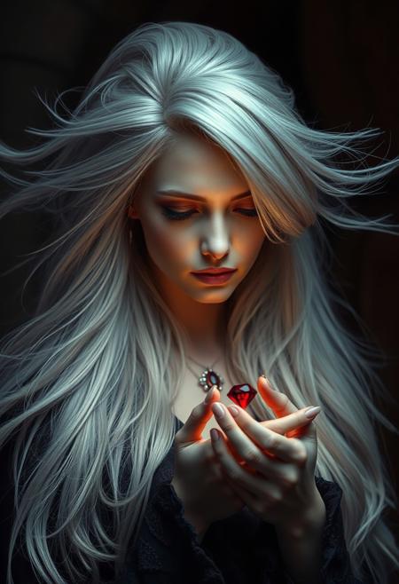 Shadowed-queen, dark-mystic woman with flowing white-gray hair, fantasy-adventure, cradling a small radiant ruby, vivid realism with intricate details, pastel shades, dramatic lighting, ultra-realistic, photogenic, wide-angle shot, sharp focus on subject, motion-blurred backdrop, subtle sparkle in asymmetrical hairstyle