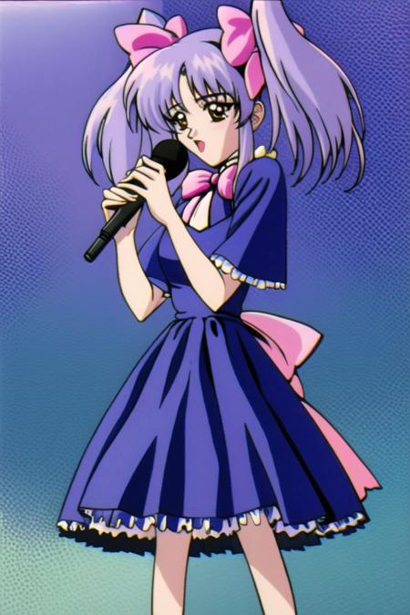 masterpiece, best quality, ultra-detailed, stage, <lyco:hoshino_ruri_v4:0.7>,hoshino ruri, 1girl, solo, holding, long hair, twintails, standing, hair bow, blue dress, pink bow, microphone, retro artstyle, holding microphone, 1990s (style)