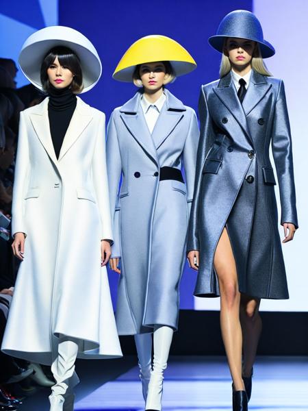 <lora:Avant-gardeFashion:1>a group of women walking down a runway wearing coats and hats on top of their heads Avant-garde Fashion