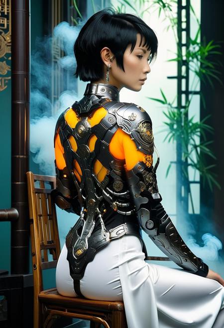 lazypos
Solo figure, androgynous cyborg with irezumi biomechanical armor, seated on ornate wooden chair with Hanfu-style silk robe asymmetrically draped, liquid pearl embroidery flowing from shoulder to waist. Short black hair with cybernetic cable accents, delicate facial features looking over the shoulder, back mostly turned to the viewer in contemplative pose, futuristic luminous tattoos glowing through translucent armor plates. White ceramic vase emitting ethereal smoke, misty courtyard with bamboo lattice shadows, volumetric lighting casting dappled patterns across semi-transparent biomechanical back. Minimalist composition with tilt-shift perspective and unexpected top-angle view emphasizing geometric silk folds against flat color gradients. Texture: PBR materials for metallic carvings and silk subsurface scattering. Lighting: two-tone cinematic with cool misty blues vs warm cybernetic oranges. Artistry: Chinese ink wash elements blended with cyberpunk neon, cyb0rg, science fiction, cable, mechanical parts, trending on ArtStation, trending on CGSociety, trending on DeviantArt.