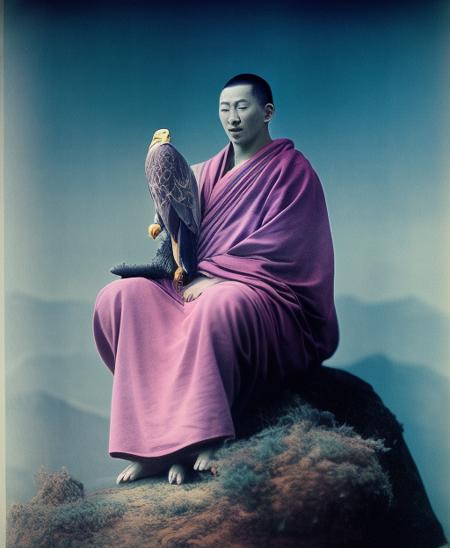 Monk and his eagle, atop snowy peak, solemn meditation, mystical aura, majestic bird, ethereal lighting, serene color palette,  hndpnt-261