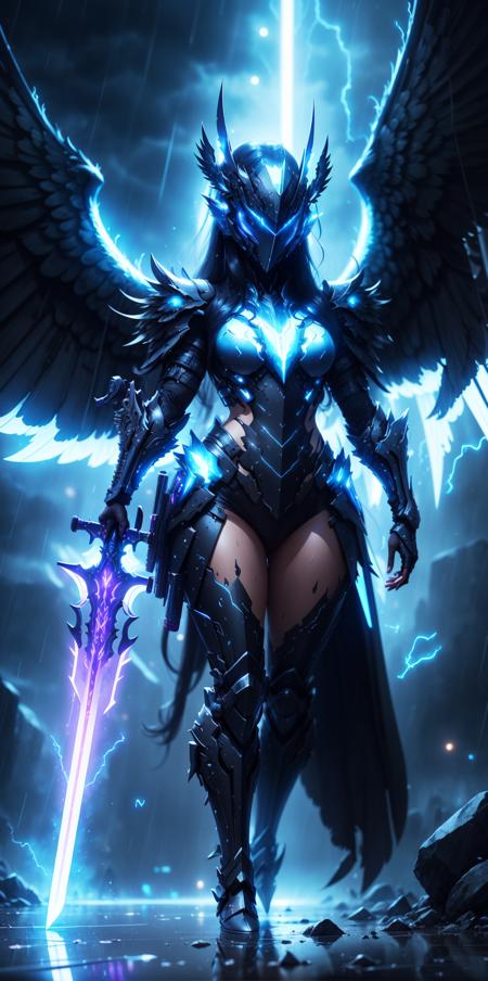 1girl,  solo,  long hair,  black hair,  holding,  weapon,  cowboy shot,  wings,  sword,  holding weapon,  armor,  glowing,  halo,  holding sword,  helmet,  science fiction,  rain,  black wings,  energy sword,<lora:EMS-273755-EMS:1.000000>,<lora:EMS-62703-EMS:0.300000>