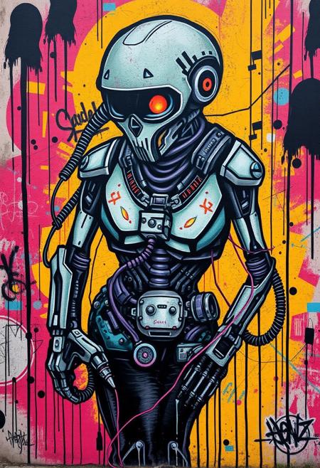 Graffiti style of a cyborg, cyberpunk, sci-fi, futuristic, street art, mural, high quality, high resolution