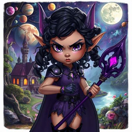 1girl, fantasy elf, long fantasy elven ears, natural lighting, realistic style, round cheek bones, full lips, small mouth, small nose, round face, black velvet boots laced with leather straps, petite, ((very thin waist:1.5)), body shaped like hourglass, long curled black hair with purple highlights, purple eyes, pupils showing, colourful planets and moon and stars and space in the background, a tome, zoomed out, full veiw, a purple elven metal armor, wearing a purple magical staff, long black cloak, hyperealistic, fantasy castlle sitting in a magical jungle in the background, a lake in the background, cute face, purple dress, angry look on her face,