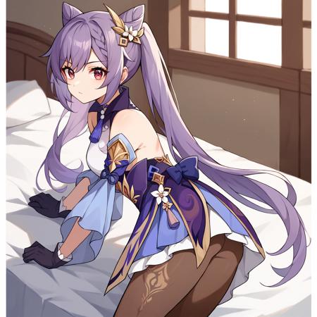 keqingdef, purple hair, cone hair bun, purple eyes, long hair, double bun, braid, twintails, hair ornament, neck tassel, purple dress, frilled dress, detached sleeves, sleeveless, bare shoulders, frilled skirt, purple skirt, purple gloves, black pantyhose, keqingcs, purple hair, cone hair bun, purple eyes, long hair, double bun, braid, twintails,