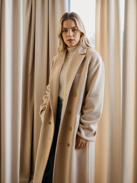 Realistic photo of a beautiful r3n33r woman, 1girl,solo,long hair,looking at viewer,blue eyes,blonde hair,standing,lips,coat,crossed arms,curtains,realistic, soft lighting, professional Photography, Photorealistic, detailed, RAW, analog, sharp focus, 8k, HD, high quality, masterpiece<lora:r3n33r:1.0>