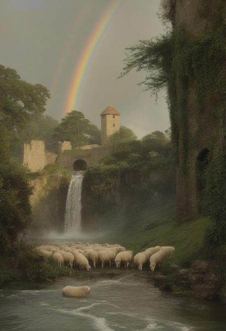 John Constable (tonal realism), Chalk downs with grazing sheep flocks, rainbow in waterfall mist, stone watchtower with ivy-covered walls,lapwing performing display.,Art painting by Eiichiro Oda and Tooth Wu , featured on Ashley Wood,,
artstation trending, macro lens, volumetric light,
<lora:Illustration_Insanity:0.3>,
<lora:dreamshaperXL10_lora:0.7>,
<lora:extremely_detailed:0.3> extremely detailed,
<lora:DetailMaximizer:0.3>,, Surrealism art style, dreamlike and irrational imagery, explores the unconscious mind, juxtaposition of unlikely elements, challenges reality and logic