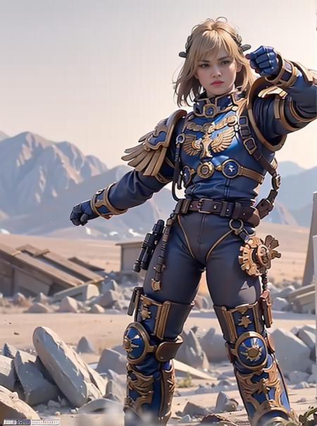 8K masterpiece, detailed, realistic, digital art, octane render, trending on artstation, action, propaganda poster, military poster, 
1girl, 18 years old, tall stature, battle aged, ((solo:1.5)), full body, blonde hair, blue eyes, short hair, 
full armor, power armor, laurel wreath, glowing halo, metal wings, pauldron,   
desert wasteland, war background,  
(guilliman:1), ((pointing at camera:1.4))
<lora:Guilliman MK3 by Caraxes:0.5>    <lora:cosmetic - cuteGirlMix4_v10:0.7>