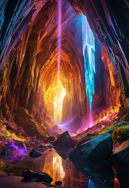 (masterpiece:1.5), unreal 8k wallpaper, unity 8k wallpaper, score 9, score 8 up, score 7 up, masterpiece_portrait, extreme quality, reflection, surface reflection, dynamic lighting, Cinematic style, cinematic quality, ((no humans, no people)), photorealistic, realistic, a spectrum of iridescent colors, precise, fractal design, flowing curves, precision, colorful, fractal geometry, harmonic interference, digital illustration, photo manipulation, altered realities, fantastical scenes, digital artistry, striking visuals, sharp focus, detailed background, light reflection, ethereal, fantasy, A huge mystical cavern, magnificent huge multicolored crystals,  polish rocks, brass mechanized trees, multiple waterfalls, sorrowful sight, a fog across the cavern, multicolored phosphorescent flowers, phosphorescent rocks, (magnificent vast cavern), detailed landscape,