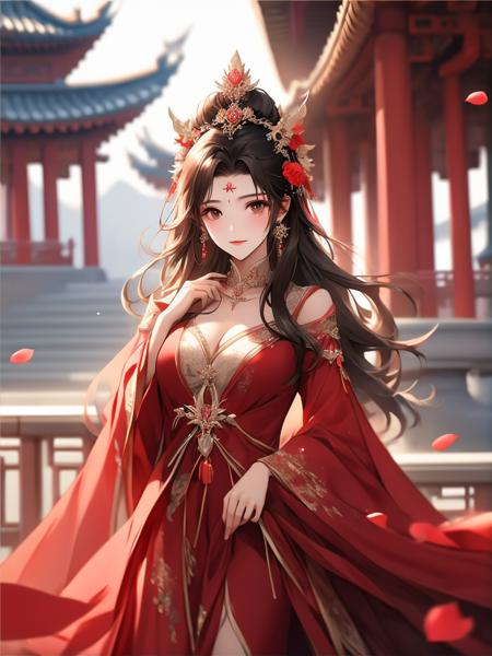 masterpiece, best quality,
1girl, architecture, black hair, blurry, blurry background, brown hair, chinese clothes, cleavage cutout, clothing cutout, dress, earrings, facial mark, falling petals, flower, forehead mark, hair flower, hair ornament, hand up, jewelry, long hair, long sleeves, looking at viewer, outdoors, petals, red dress, red flower, solo, wide sleeves