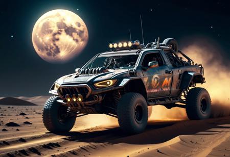 madmax ciberpunk offroad style sport car in the night on the moon, runnning high speed, lasers, guns, masterpiece, 4k, high details