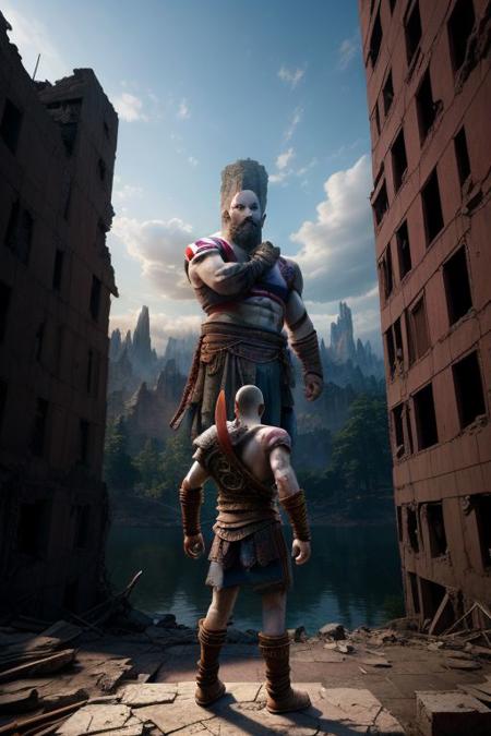 god of war, standing, hugging a pink teddy bear, against the backdrop of the (ruined city:1.1)
unreal engine
style of Artgerm
finely detail, ultra-detailed, highres