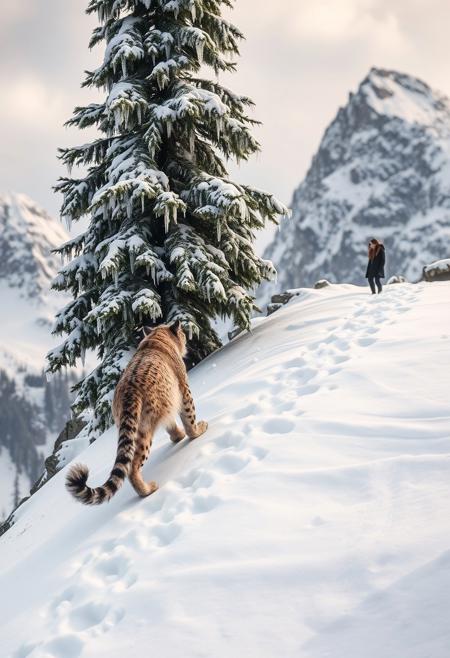 A majestic snow leopard ascends a rugged, snow-capped mountain, its fur blending seamlessly with the surrounding landscape. The cat's paws leave gentle prints in the fresh powder as it approaches a towering evergreen, its branches adorned with delicate, crystalline rime ice formations. In the distance, a woman stands at the mountain's edge, her figure tiny against the vast snowy expanse.