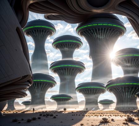 "A colossal futuristic research facility rising from a crystalline desert under a twilight sky, designed with intricate sci-fi architecture featuring illuminated corridors, layered metallic towers, holographic energy fields, massive observation windows, and bioengineered gardens integrated into the structure. The scene is alive with faint mist, scattered light reflections, and dynamic shadows. Emphasize hyper-realistic textures: brushed steel, frosted glass, organic flora merging with machine elements, all lit by surreal ambient lighting. Cinematic perspective, ultra-detailed environment, extreme realism, majestic atmosphere, immersive depth."