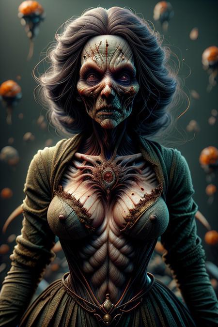 A hyper-realistic Close up shot of a figure completely made of grass and red flowers in female form, full body zoomed in, ultra sharp focus photo, 3d render, architecture, dark fantasy, vibrant  (photography, high-resolution, dynamic, energetic,hyper-realistic, dramatic lighting, shallow depth of field.)HalloweenGlowStyle, ral-wtchz, CyberRealistic_Negative, ral-wtchz