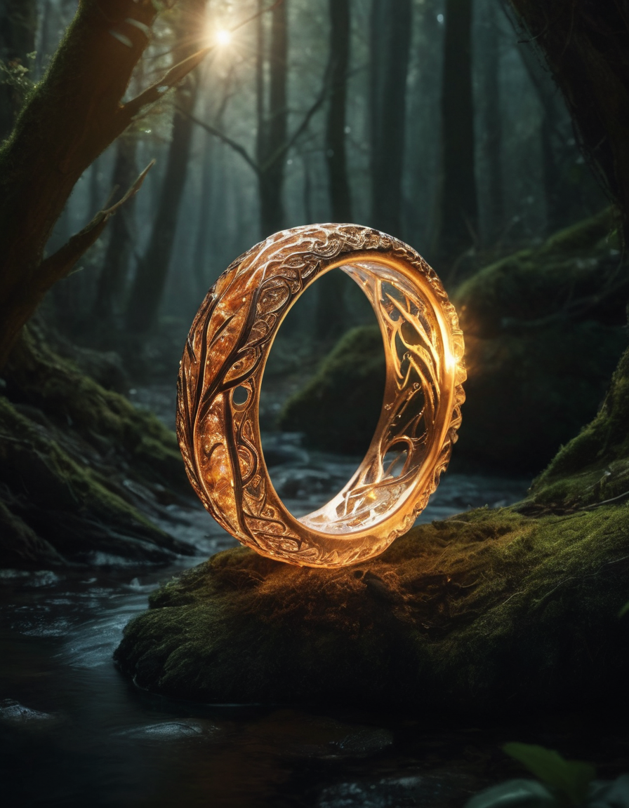 digital art, Elven ring with intricate design, luminescent, glowing, burning with fire magic, water, intricately detailed,...