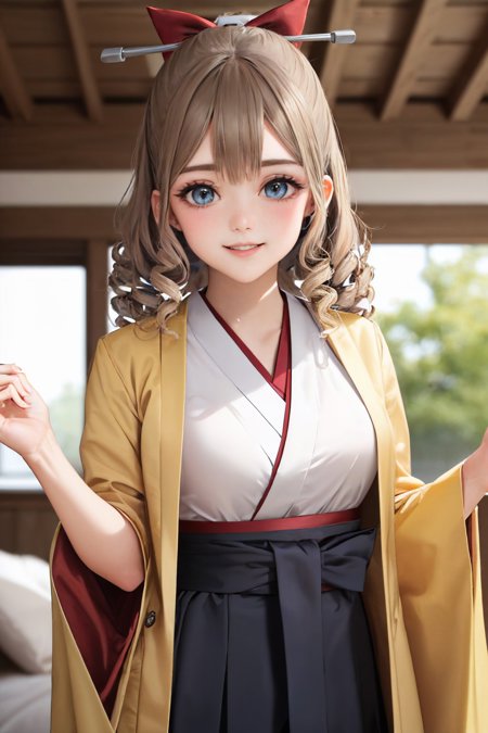 hatakaze hair between eyes ponytail hair rbbon japanese clothes white kimono haori black hakama hakama skirt