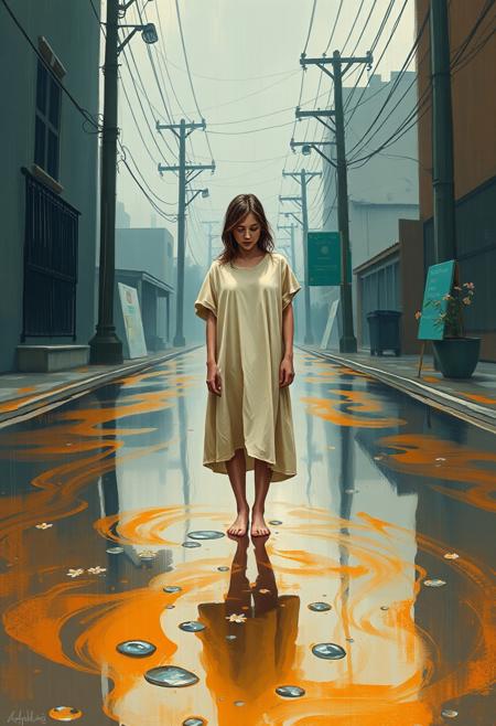 A lone figure stands barefoot in the middle of a rain-soaked street during a quiet summer afternoon. The scene captures a gentle melancholic mood, with large expressive brush strokes painting the wet pavement in rich, swirling textures of deep blue, burnt orange, and ochre. The figure, draped in a loose cotton dress, gazes downward with eyes half-closed, embodying introspection and emotional softness. Raindrops ripple in puddles around her, distorting reflections of telephone lines and scattered flowers. The background is simplified, almost abstract, yet emotionally charged with uneven geometry and warm contrasts. A soft overcast sky provides diffuse lighting, casting long, faint shadows and enhancing the damp sheen of the scene. The composition feels poetic and intimate, with every element—raindrop, wet concrete, posture—carrying symbolic weight. The figure is centered, the emotional core, surrounded by the textured blur of a nostalgic urban summer washed in rain.