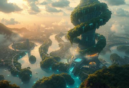 A digital illustration depicting "Hydro-Symbiotic City" a sprawling future metropolis seamlessly integrated with nature. At the heart of the scene, a colossal cloud-harvesting tower, crafted from bioluminescent fungal and algae-based structures, dominates the landscape, its spiraling form intertwined with cascading sponge gardens and misty cloud cathedrals. Rivers flow through the city’s amphibious districts, illuminated by ethereal blue highlights, while faint vapor trails connect the cityscape to a distant, lush Amazonian rainforest, all rendered in layered topography and organic forms. The scene evokes deep ecology and afrofuturism, bathed in a soft, earthy glow, reminiscent of Design Earth and Donna Haraway’s Chthulucene, 8K, steampunk, solarpunk